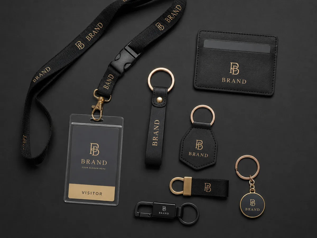 Lanyard, badge visitor e portachiavi con logo oro