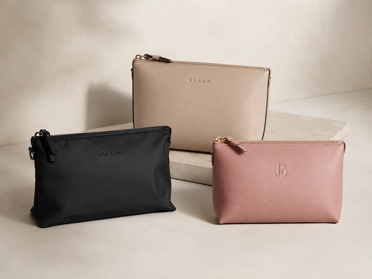 Pochette beauty in tre colori su fondo avorio